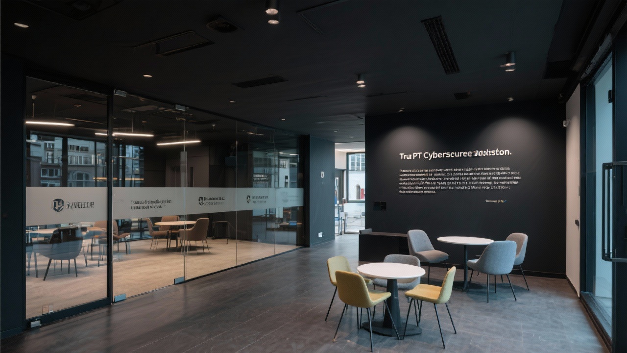 Photography of PT CyberSecure Advisors Lisbon headquarters lobby with modern dark interior, glass panels, mission statement signage, and collaborative meeting areas emphasising trust and innovation