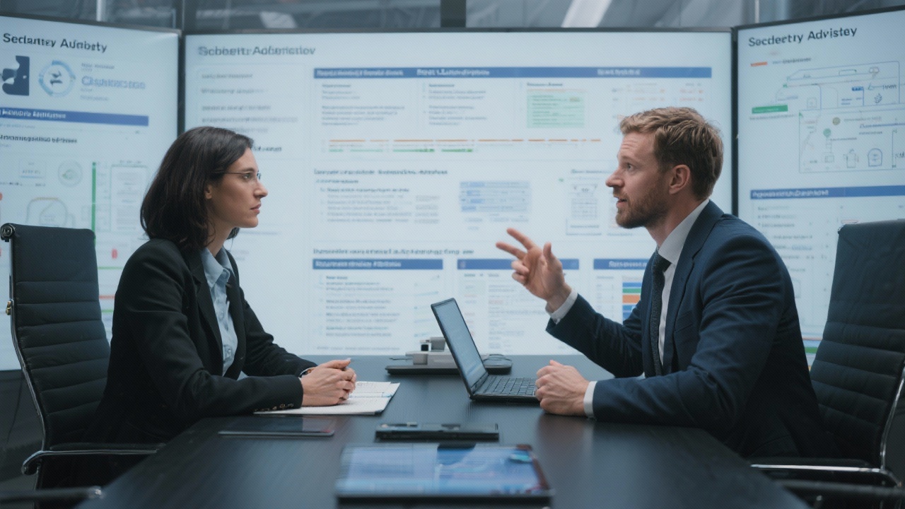 Professional meeting scene with cybersecurity advisor and client discussing risk registers, service level agreements, and incident escalation paths across a table with secure digital collaboration tools