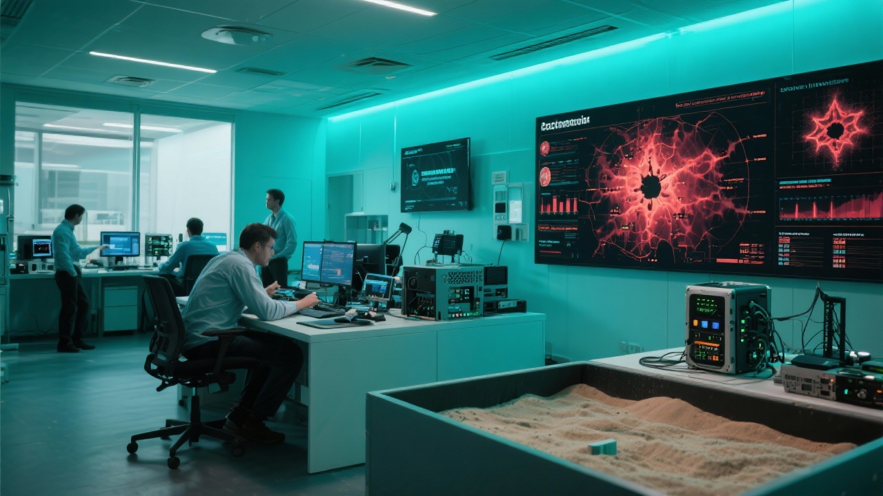Image of cybersecurity innovation lab featuring penetration testing rigs, sandbox environments, wall-mounted threat heatmaps, and engineers evaluating emerging technologies under teal ambient lighting