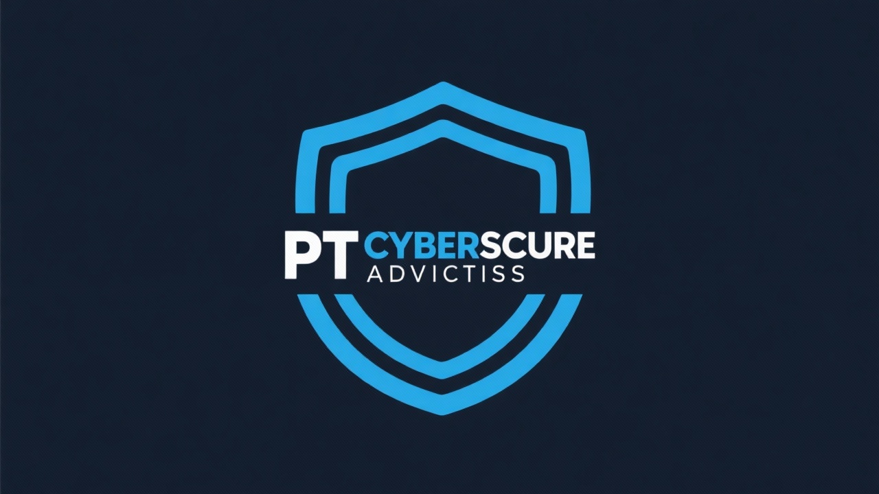 Minimalist circular logo representing PT CyberSecure Advisors with interlocking cyan shield lines and clean typography conveying trustworthy Portuguese cybersecurity consultancy identity for corporate clients