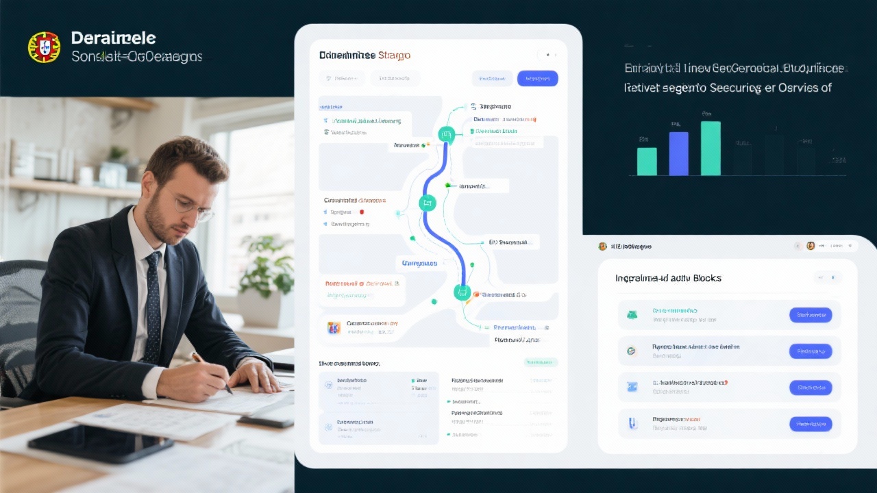 Composite illustration of consultants drafting strategic roadmaps, reviewing compliance frameworks, and integrating automation playbooks to deliver tailored cybersecurity services for Portuguese organisations