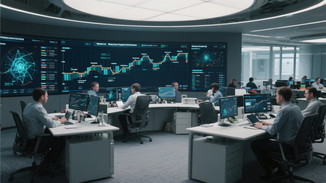 Visualization of a managed security operations centre with analysts at curved desks, panoramic threat intelligence screens, and timeline graphs mapping incident containment benchmarks for mid-sized Iberian enterprises